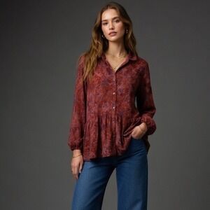 LOGO by Lori Goldstein Tunic Shirt Long Sleeve Button Up 1X Peplum Blouse Woven